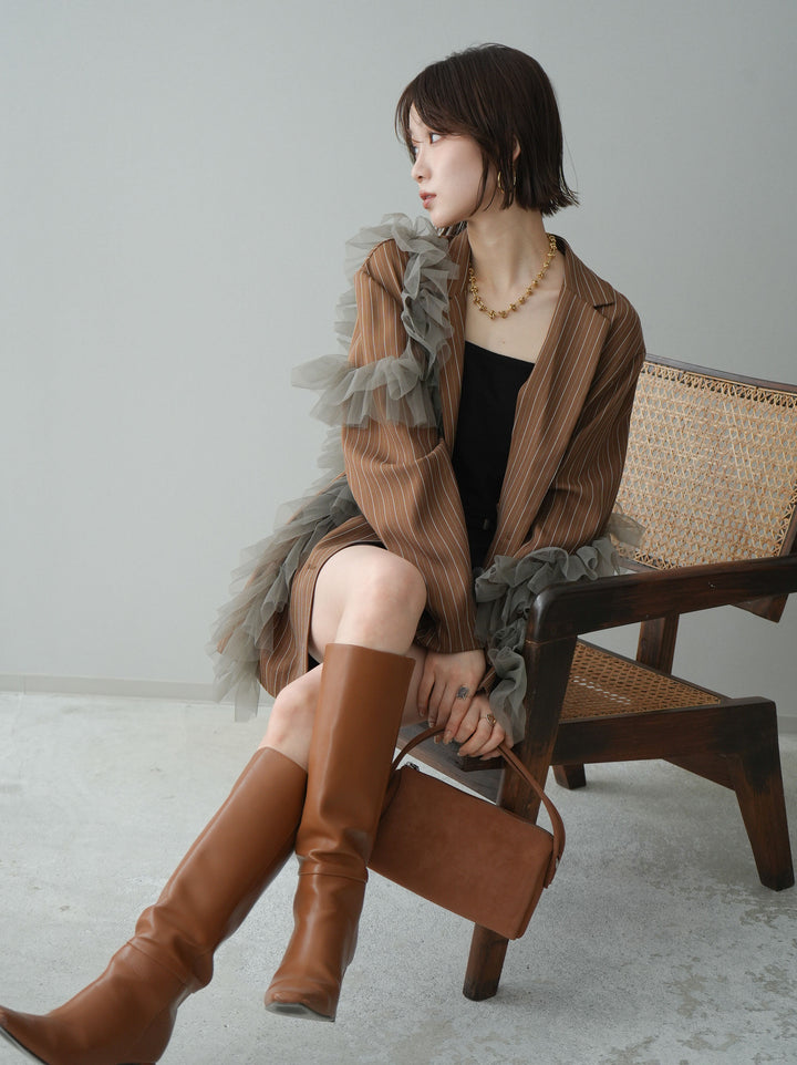 [予約]アシンメトリーチュールストライプジャケット/goldbrown
