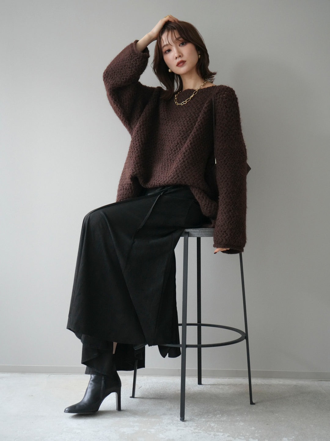 [予約]ワッフル編みオーバーニットプルオーバー/brown