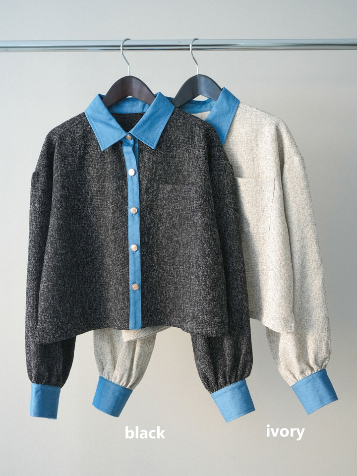 [SET]異素材サマーツイードシャツ+異素材サマーツイードタックフレアスカート(2set)