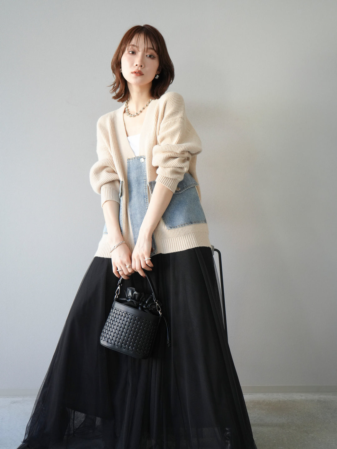 [予約]デニムポケットデザインニットカーディガン/アイボリー