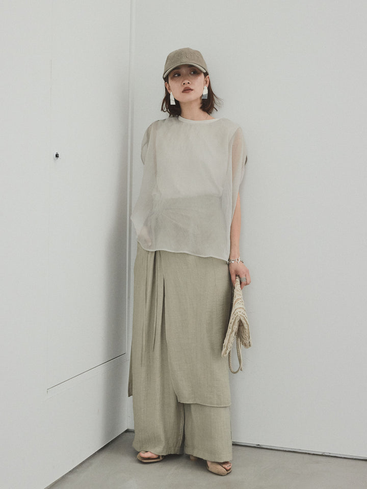 [予約]ワッシャーサテンレイヤードスカートパンツ/カーキベージュ