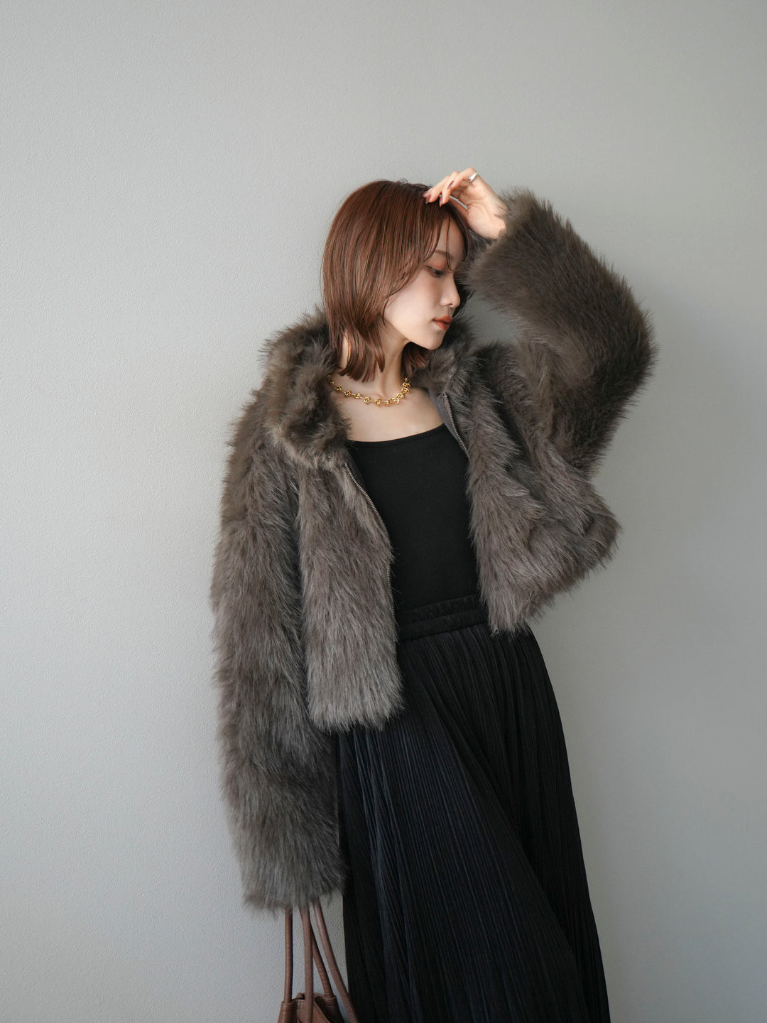 [予約]フェイクファーショートZIPジャケット/brown