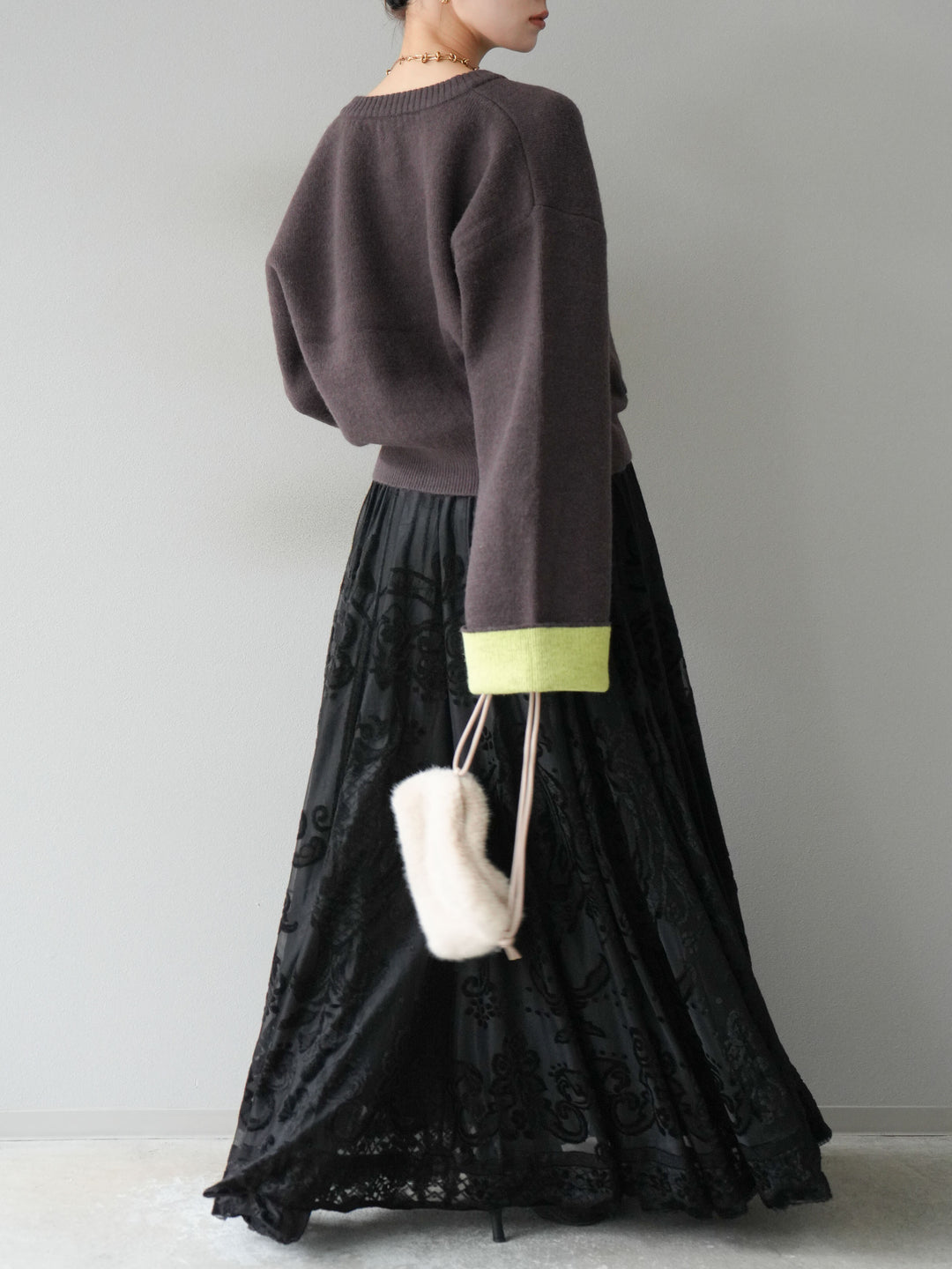 [SET]バイカラーオーバーニットカーディガン+アンティーク柄フロッキーマキシスカート(2set)