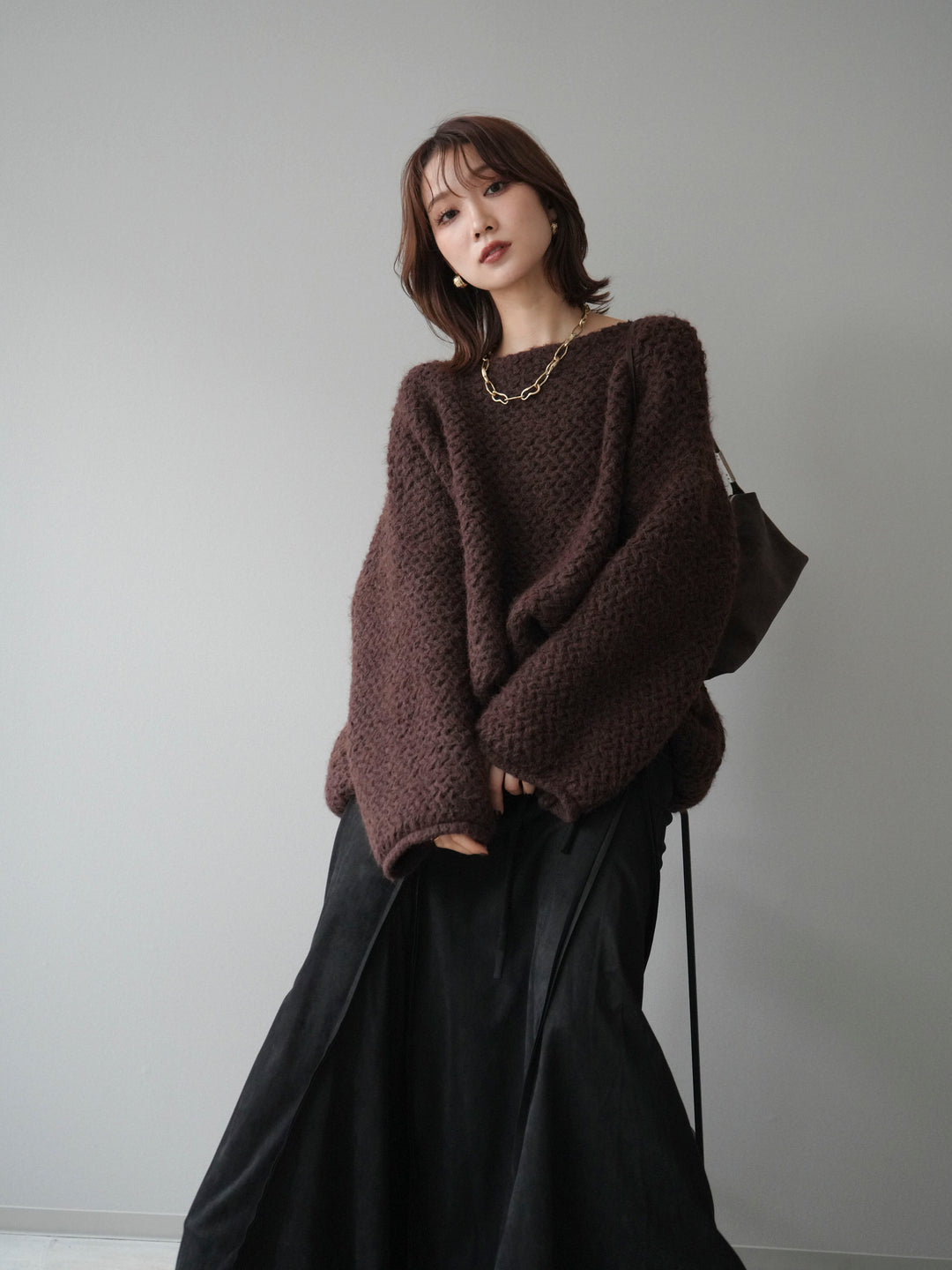 [予約]ワッフル編みオーバーニットプルオーバー/brown