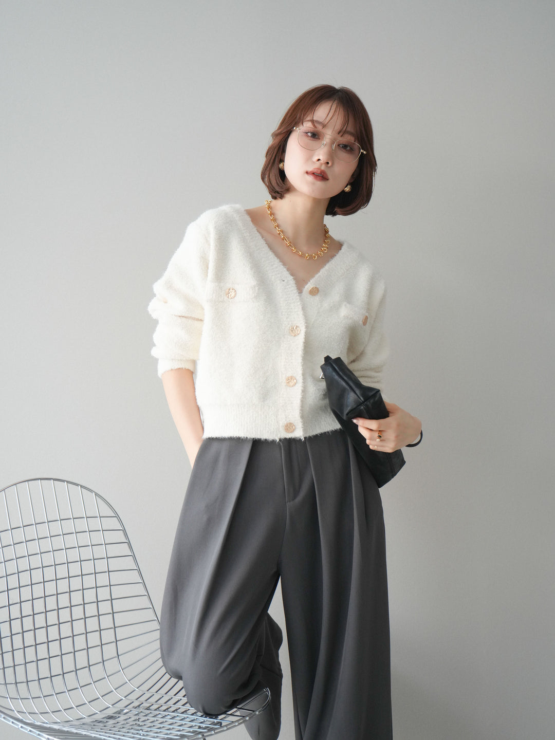 [SET]ゴールドボタンモールニットカーディガン+ベルトループデザインワイドパンツ(2set)