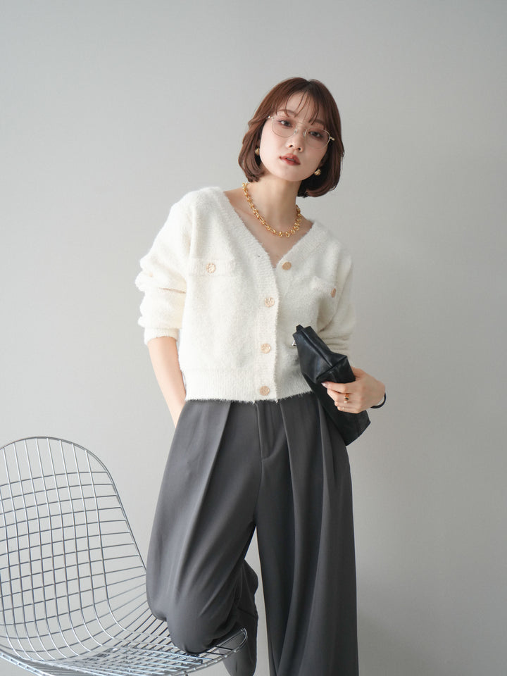 [SET]ゴールドボタンモールニットカーディガン+ベルトループデザインワイドパンツ(2set)