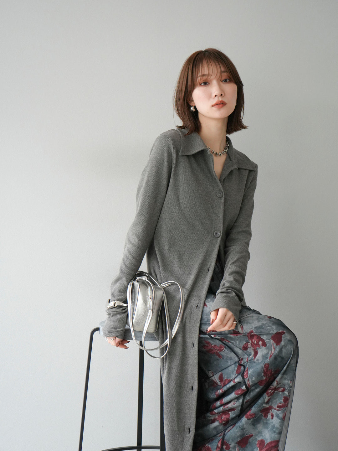 [SET]襟付きカットリブボタンワンピース+フラワープリントチュールレイヤードパンツ(2set)