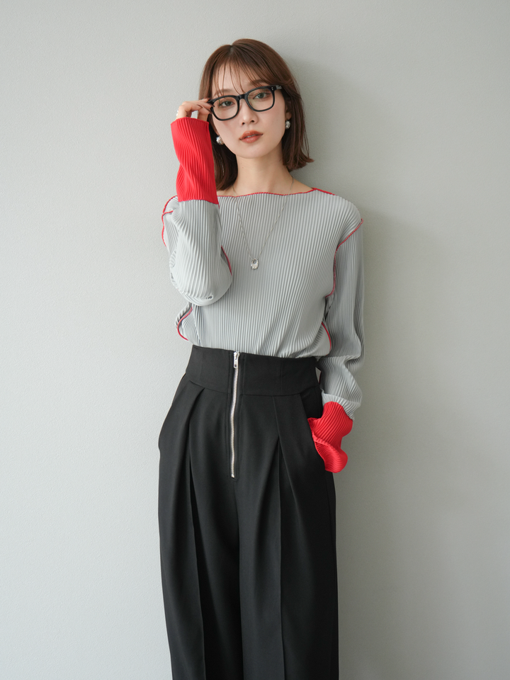 [予約]バイカラープリーツトップス/グレー