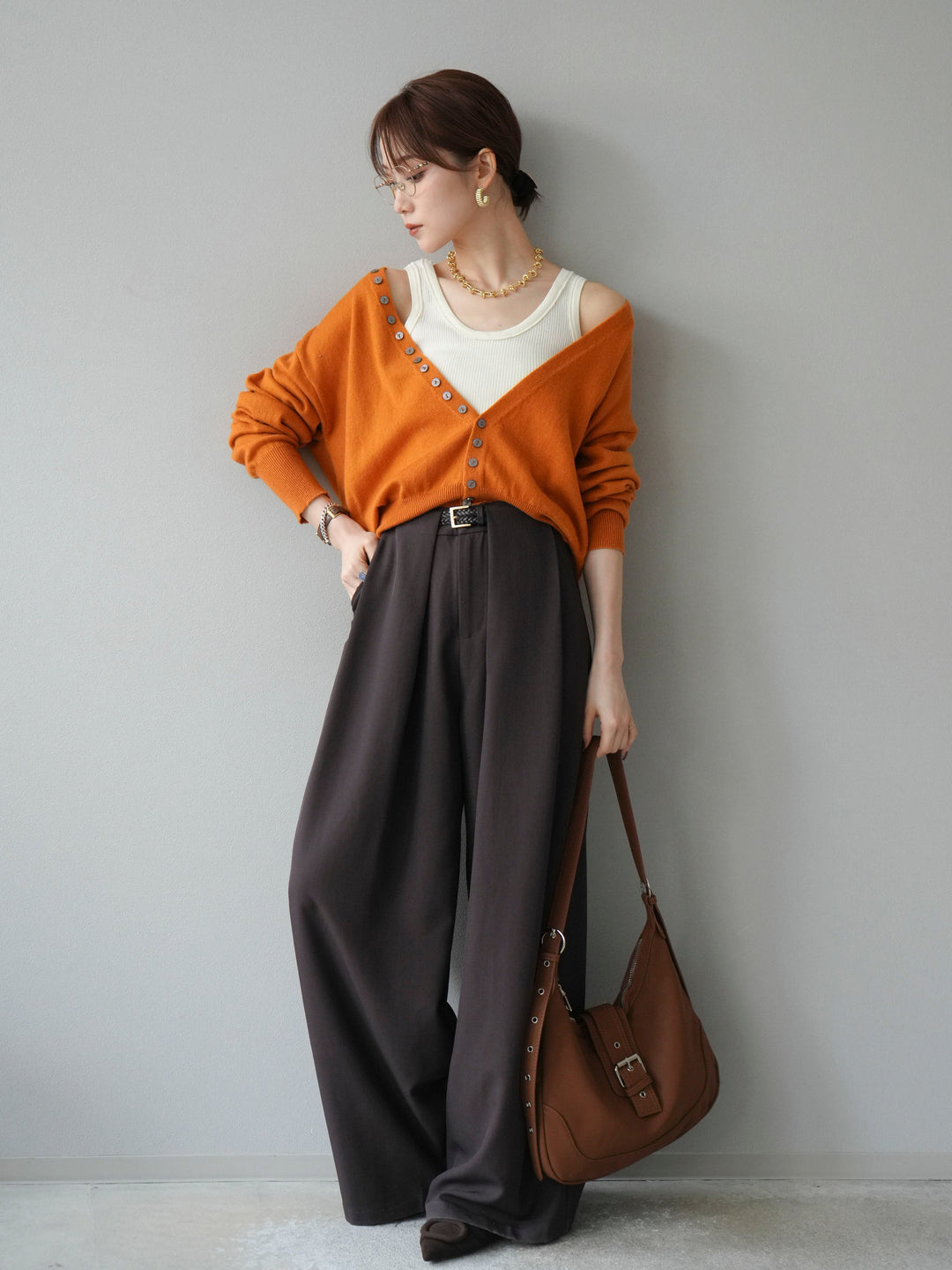 [SET]デザインボタンニットカーディガン＆タンクトップSET+ベルトループデザインワイドパンツ(2set)