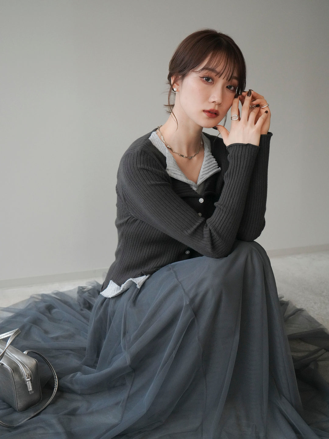 [予約]配色レイヤードリブニットカーディガン/charcoal