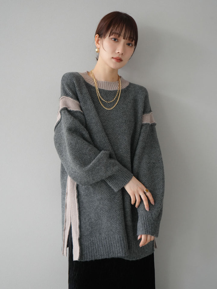 【預訂】側開衩拼色針織套頭衫/炭灰