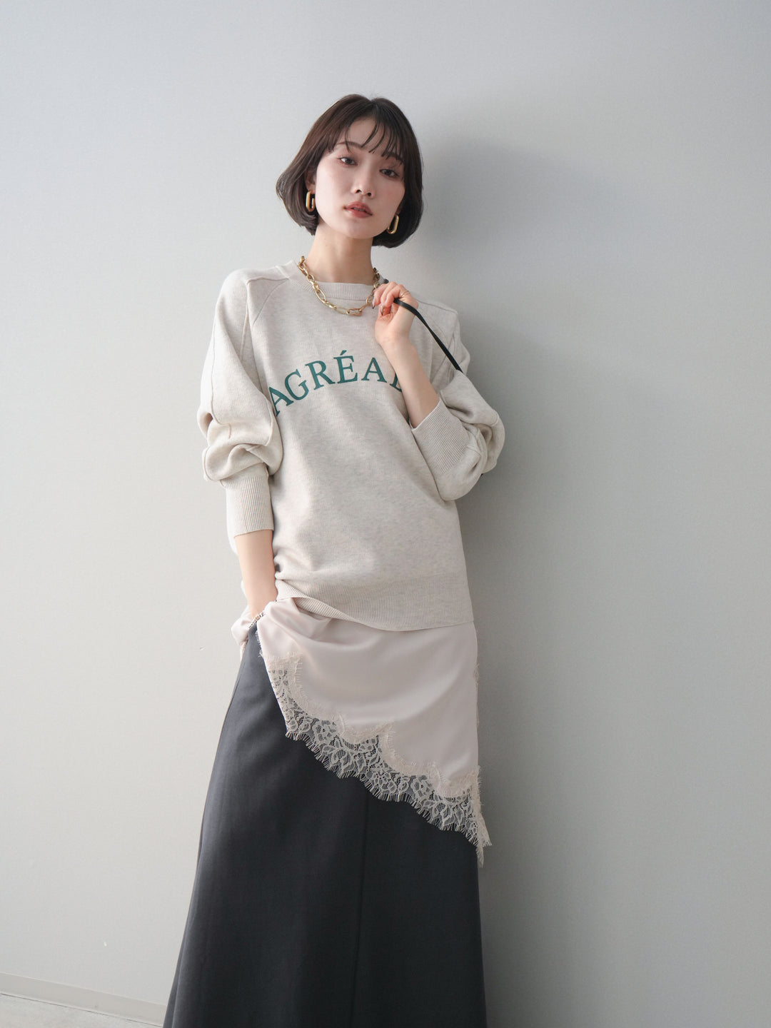 [予約]半ラバープリントロゴスウェットライクニットプルオーバー/oatmeal