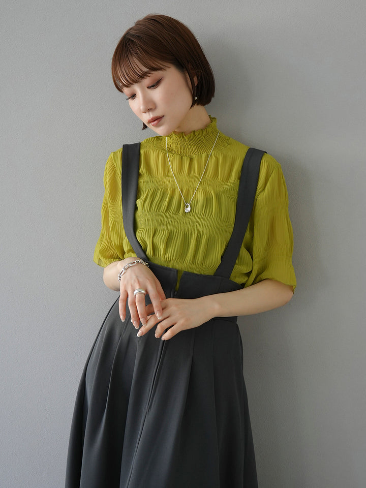 [SET] Shirring chiffon half sleeve blouse + 2WAY flare jumper skirt (2set)