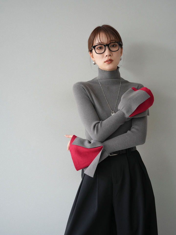 [SET] 疊層喇叭袖高領針織上衣 + 雙褶寬褲 (2 套)