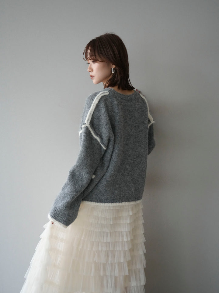 [SET]バイカラーレイヤードデザインニットプルオーバー+チュールティアードスカート(2set)