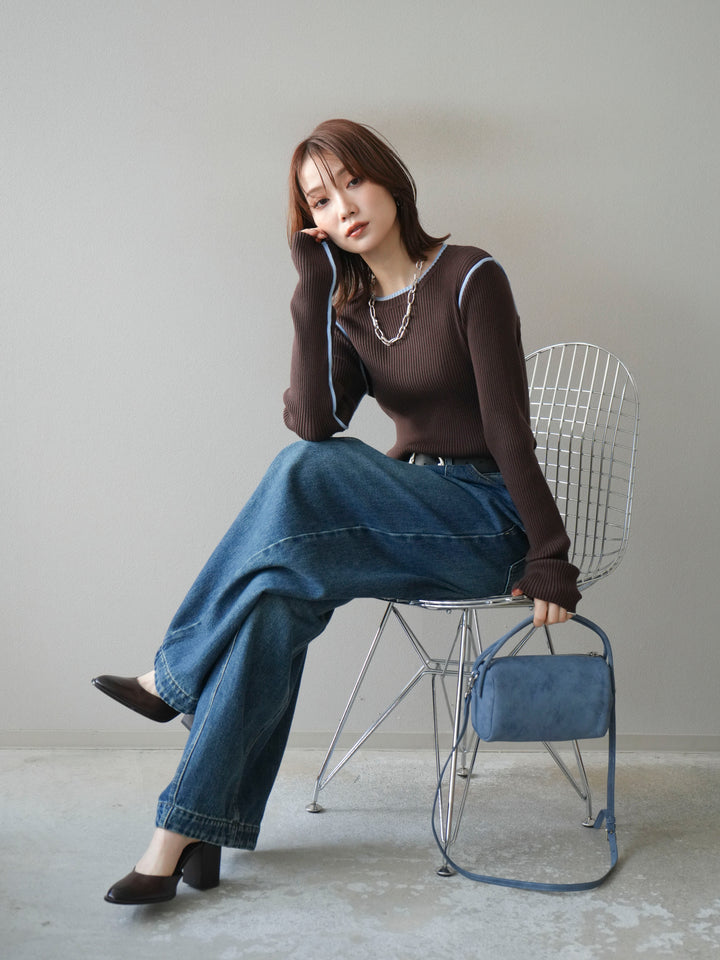 [予約]バイカラークルーネックリブニットトップス/brown