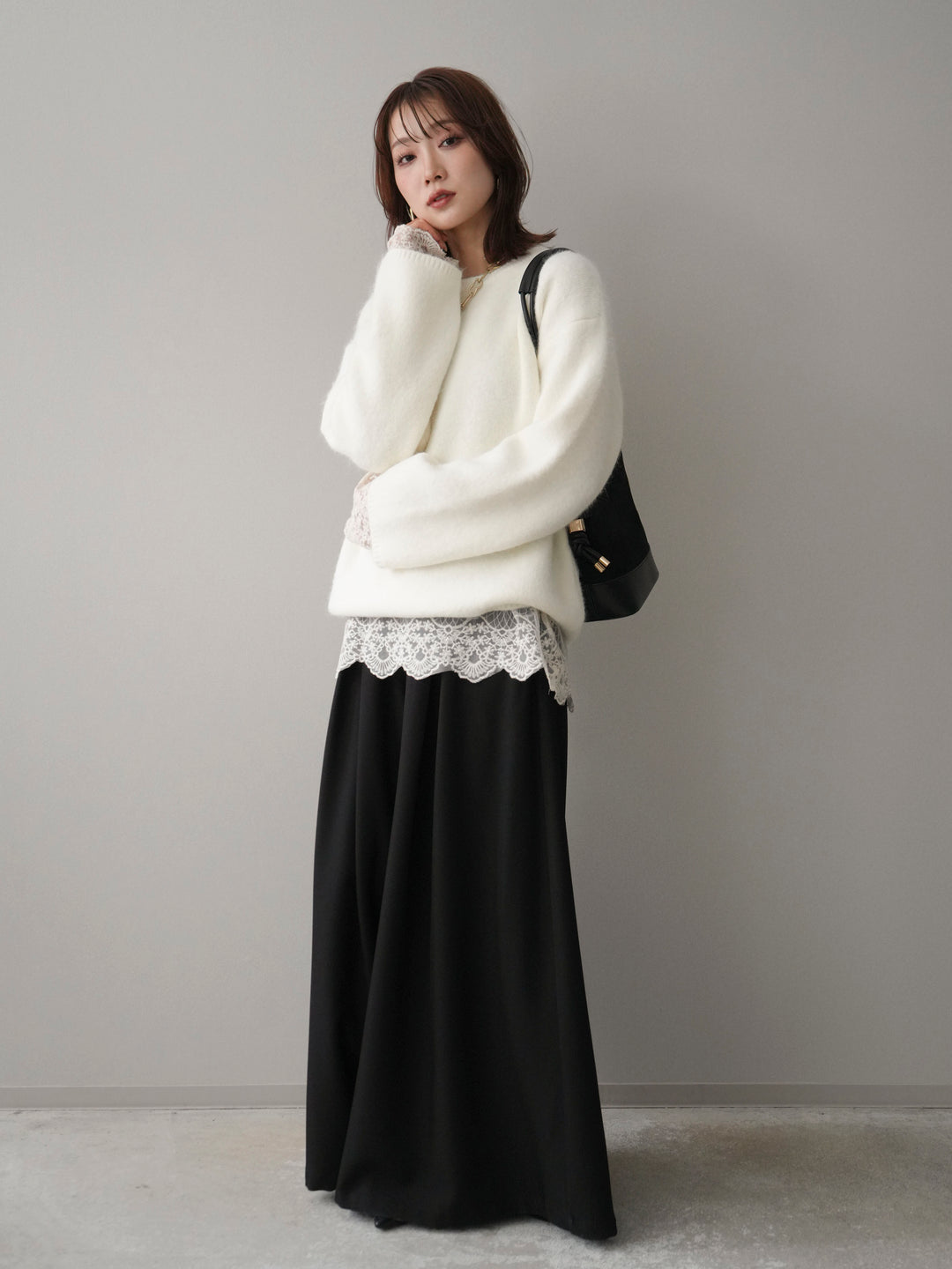 [SET]アンゴラタッチクルーネックニットプルオーバー+チュールレーストップス+テープベルトタックバギーパンツ(3set)