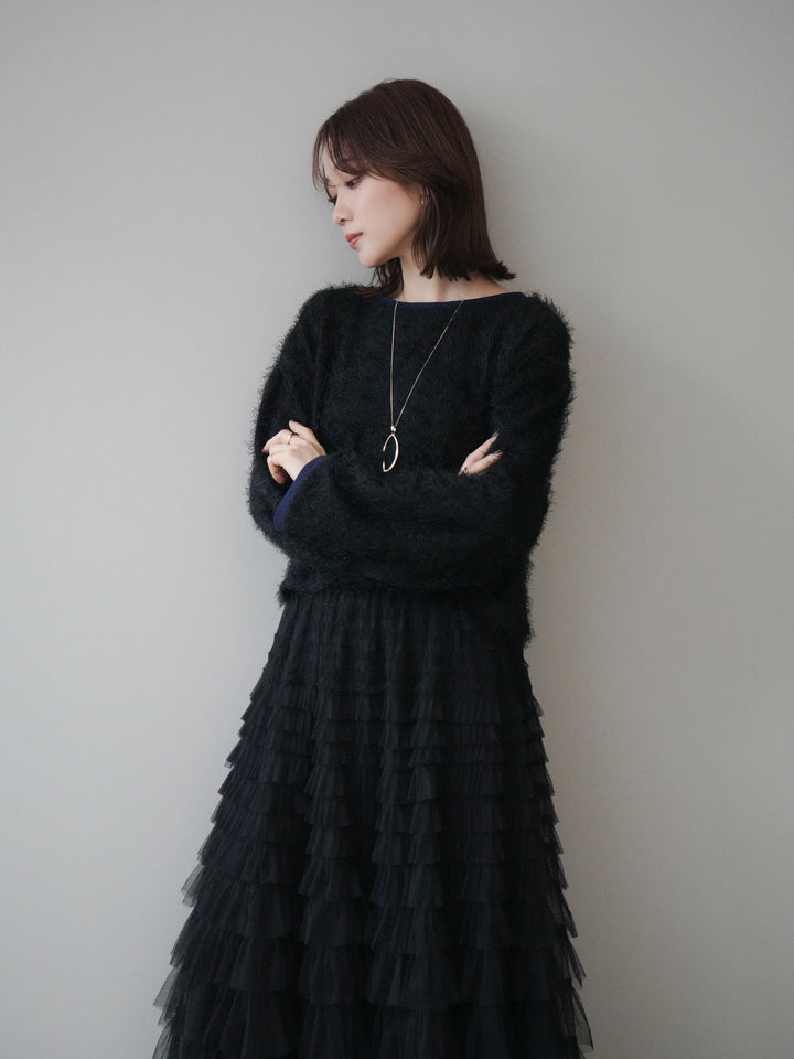 [予約]バイカラー2WAYシャギーニットカーディガン/black