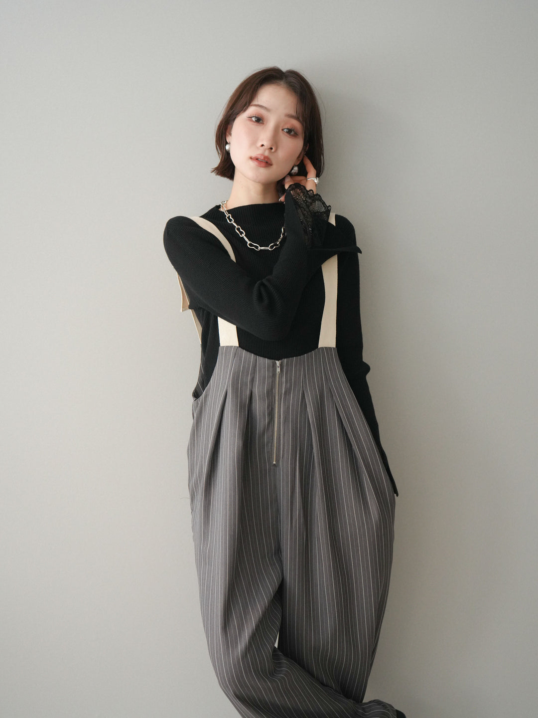 [SET]袖スカラップレースオフネックニットトップス+選べるアクセセット(2set)