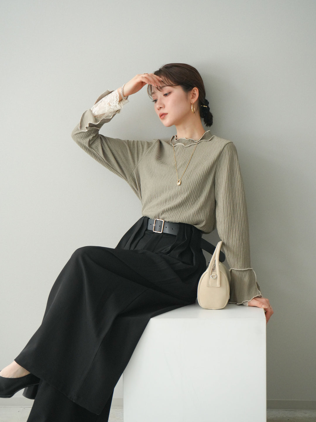 [予約]袖レース楊柳メロートップス/lightgreen