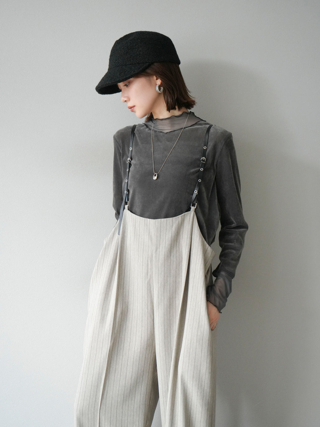 【着回しセット】[SET]ヘリンボーンストライプジレ+シアー切替ベロアトップス+ヘリンボーンストライプサロペット(3set)