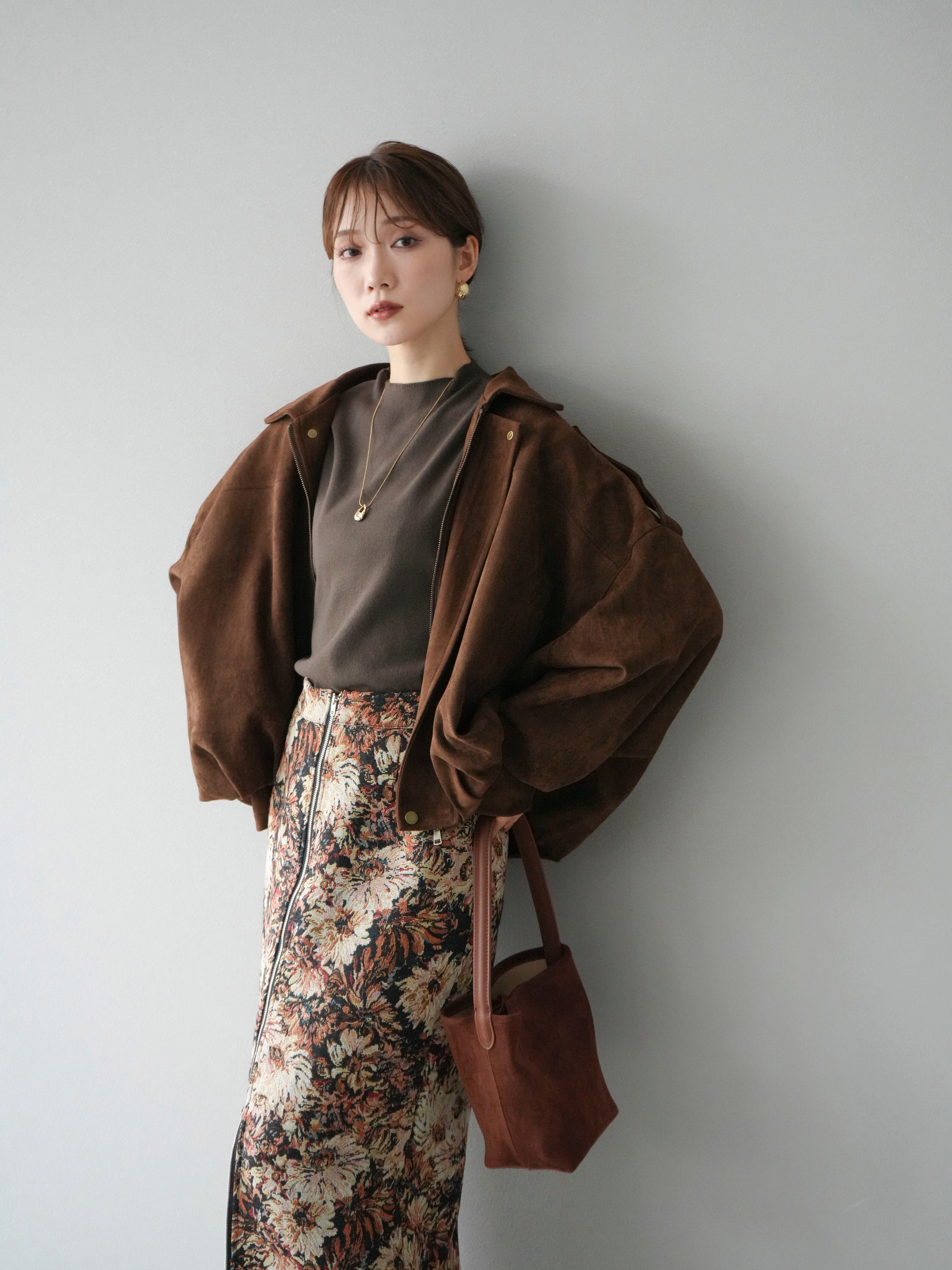 SET]スウェードオーバーブルゾン+プチネックフレンチニットトップス