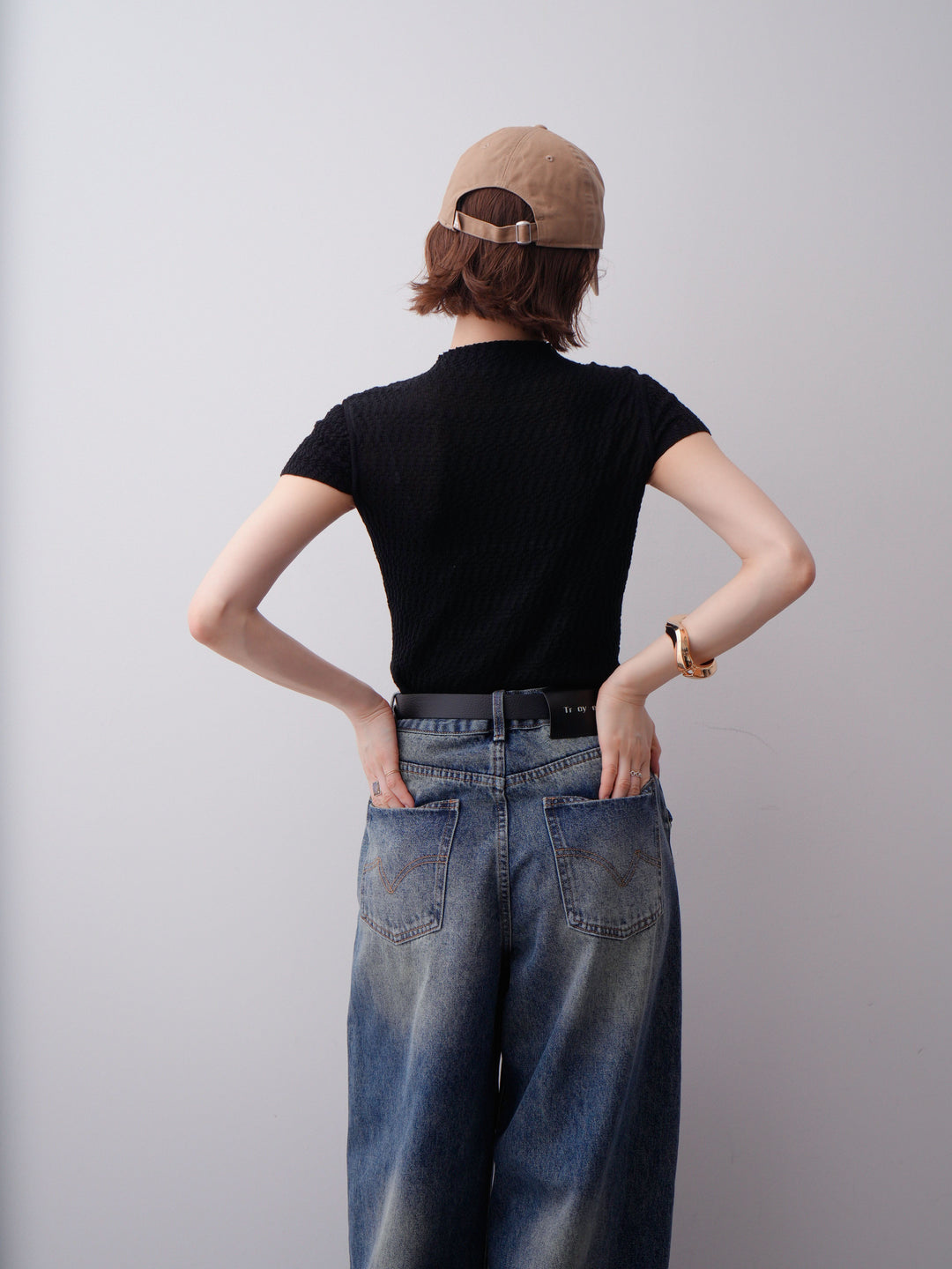 [予約]ウェーブハイネックフレンチニットトップス/black