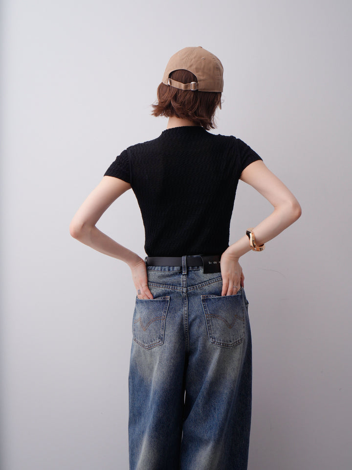 [予約]ウェーブハイネックフレンチニットトップス/black