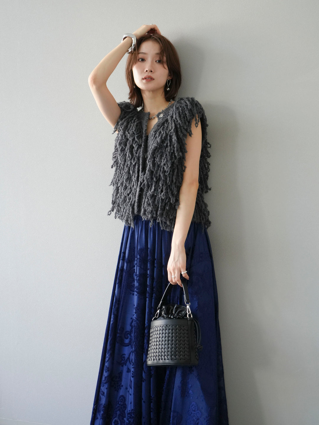 [SET]フリンジループニットベスト+アンティーク柄フロッキーマキシスカート(2set)