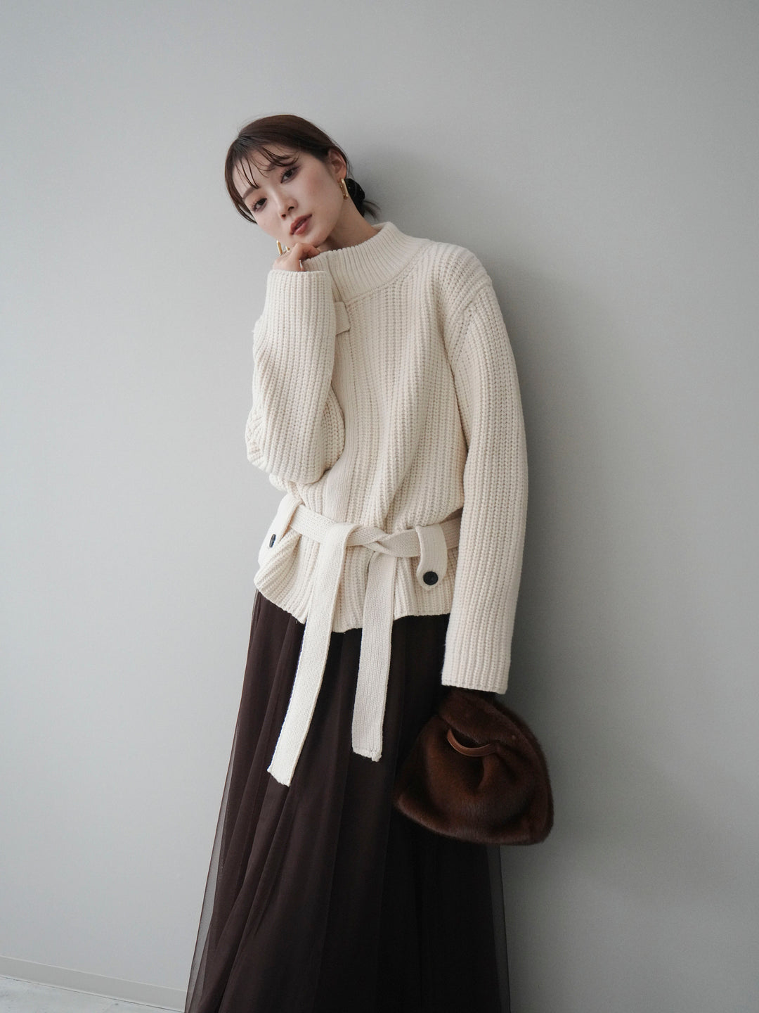 [SET]畦編みボトルネックZIPニットカーディガン+選べるアクセセット(2set)