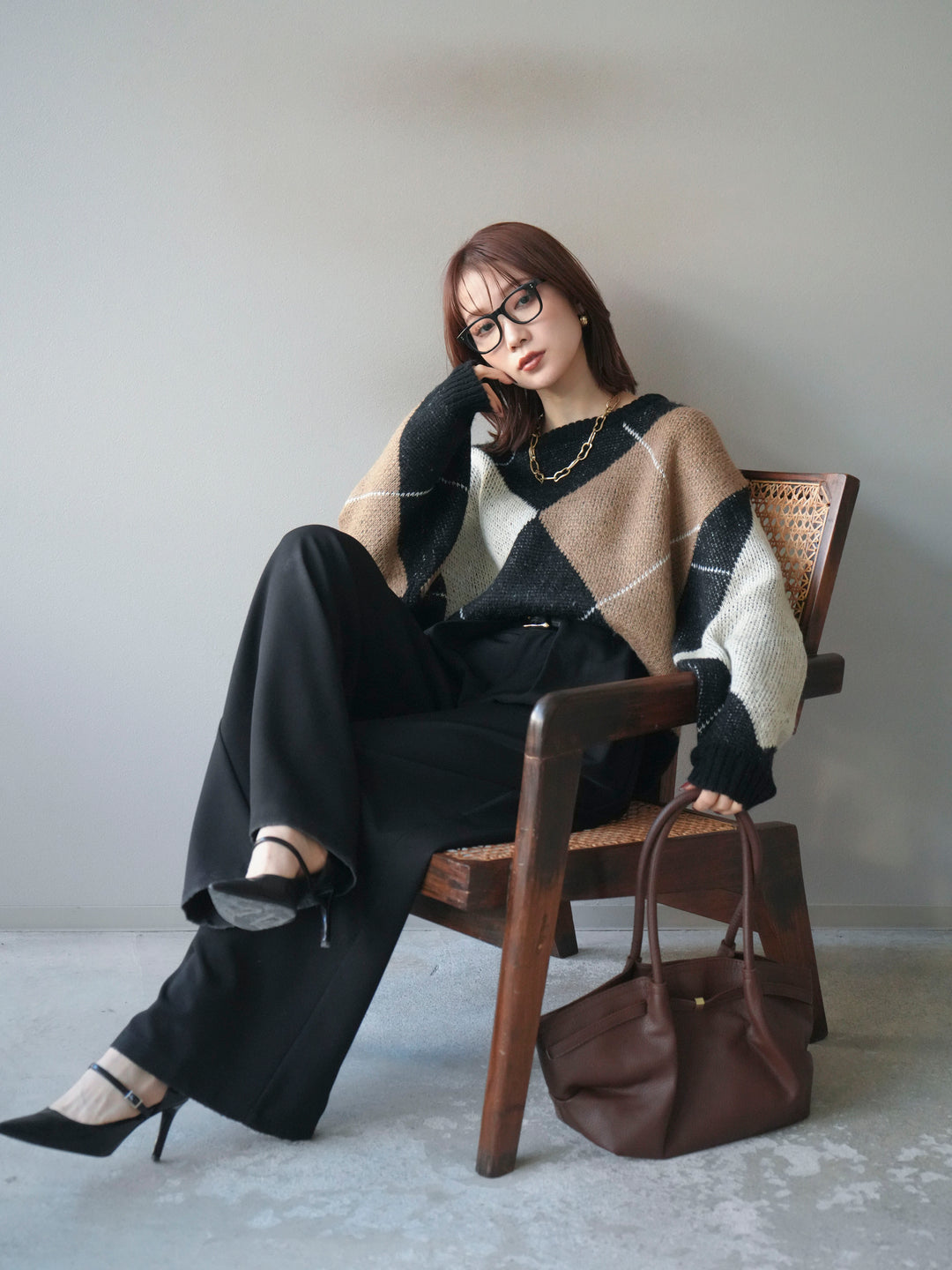 [SET]配色ステッチアーガイル柄ニットプルオーバー+配色ステッチアーガイル柄ニットプルオーバー(2set)