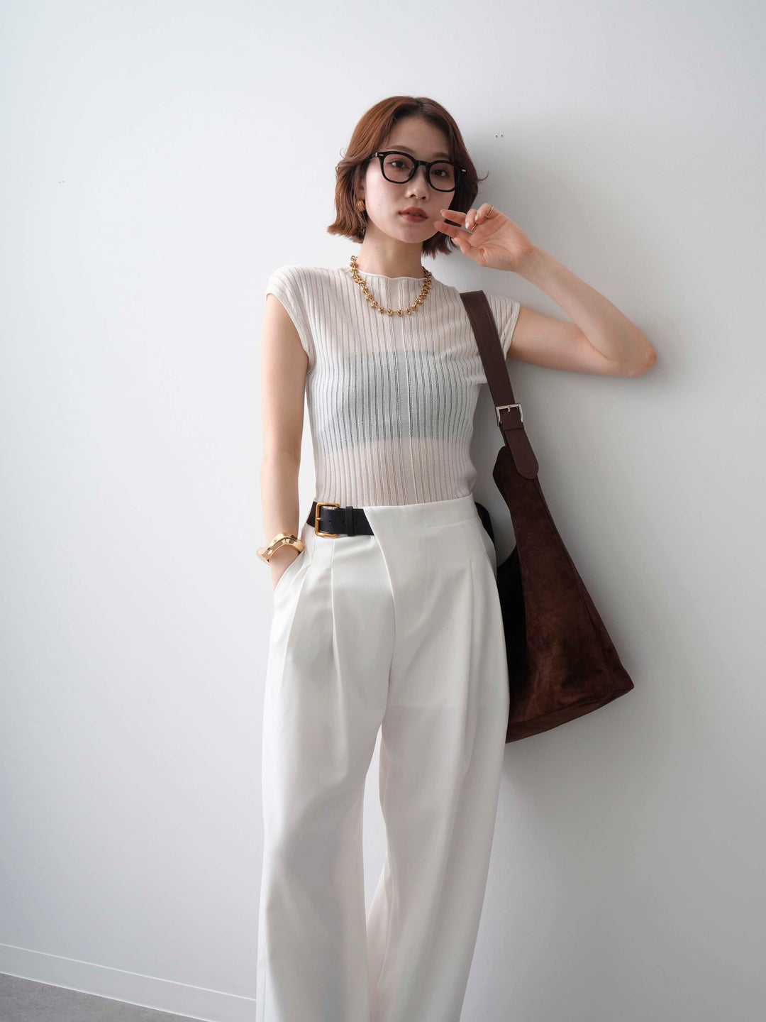 [予約]シアーリブフレンチニットトップス/white