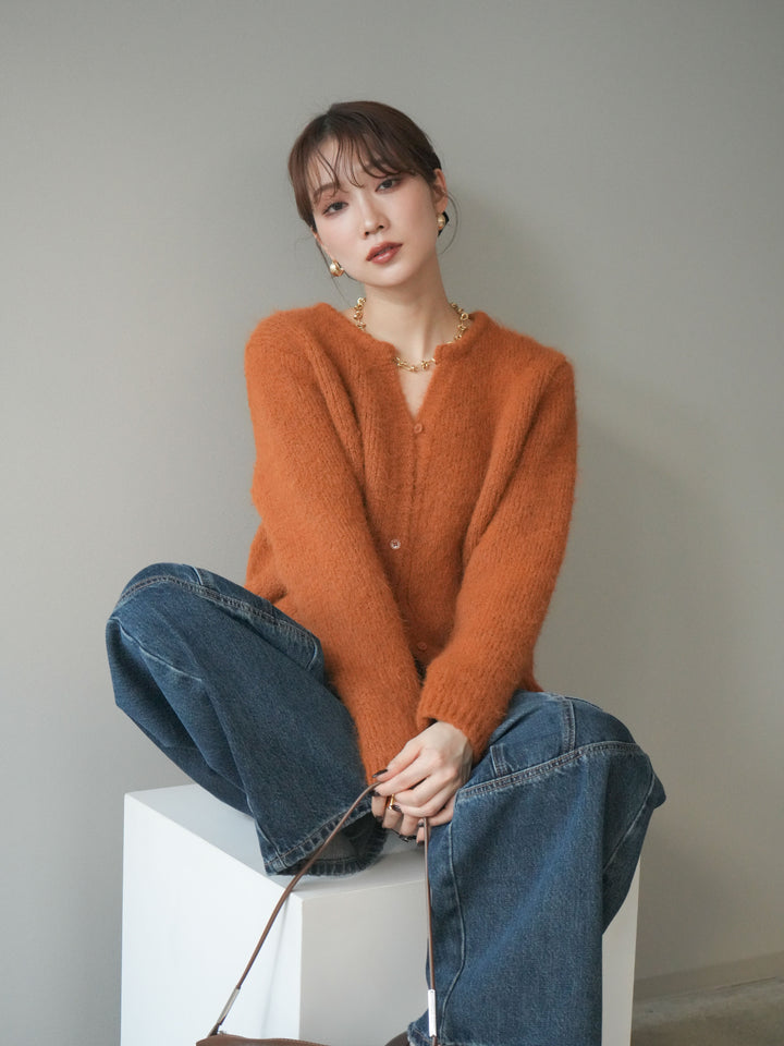[予約]キーネックシャギーニットカーディガン/camel