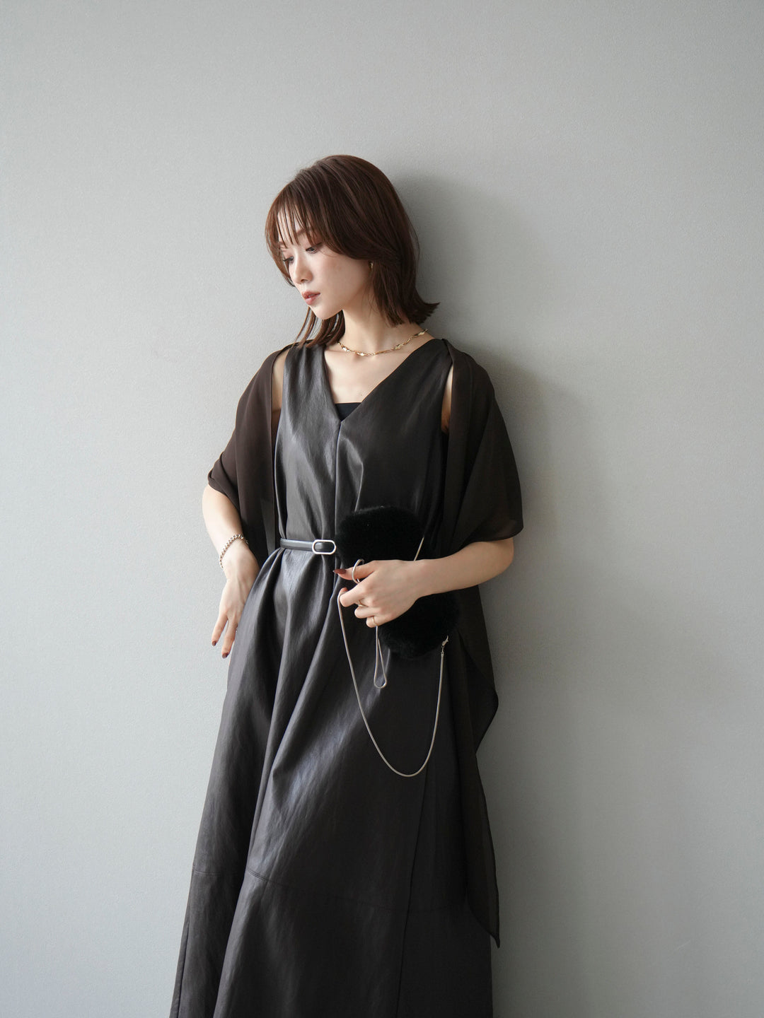 [予約]レザーAラインワンピース/ブラウン