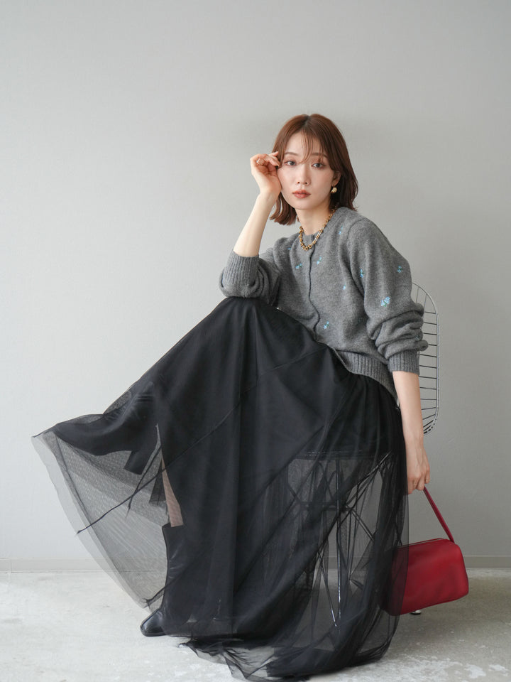 [SET]フラワー刺繍ニットカーディガン+チュールボリュームスカート(2set)