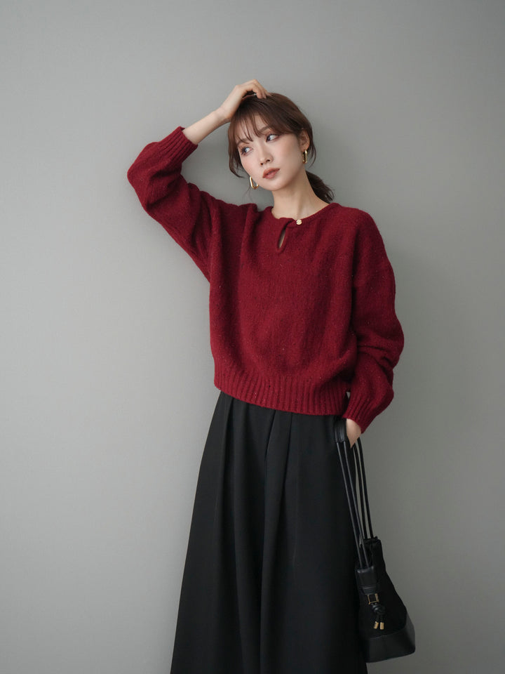 [SET]ツイストネックラメネップヤーンニットプルオーバー+テープベルトタックバギーパンツ(2set)