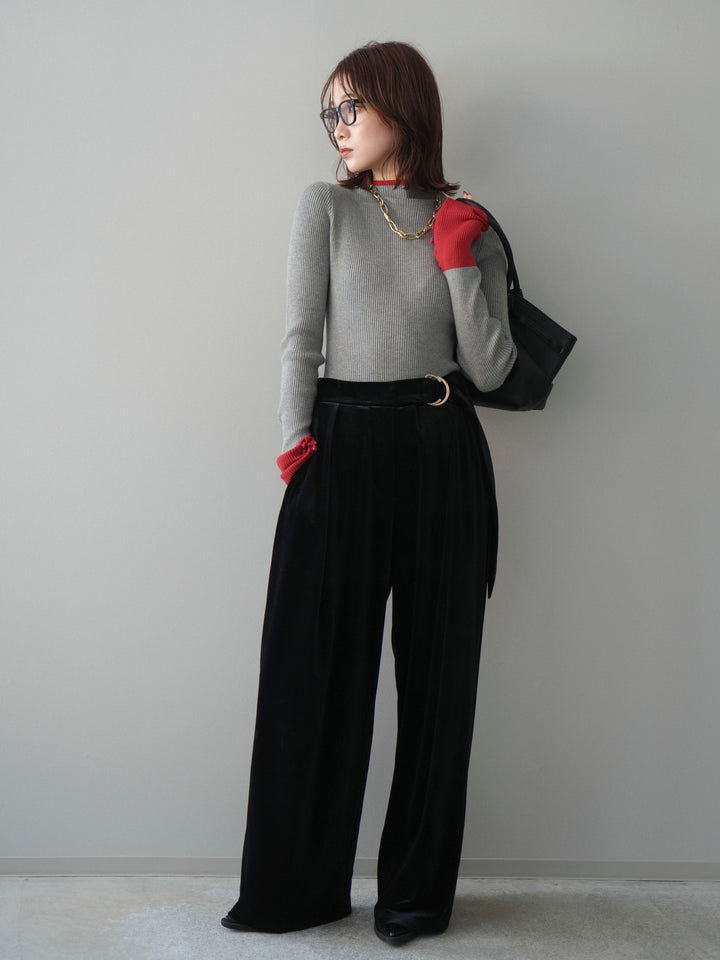 [SET]袖ボタンハイネック配色リブニットトップス+ベロアベルトスリムパンツ(2set)