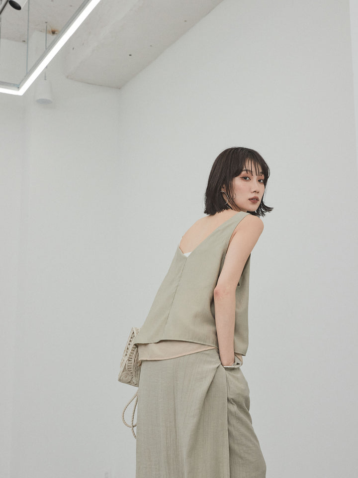 [SET] 洗衣機緞面透明層疊背心 + 洗衣機緞層疊裙褲 (2set)