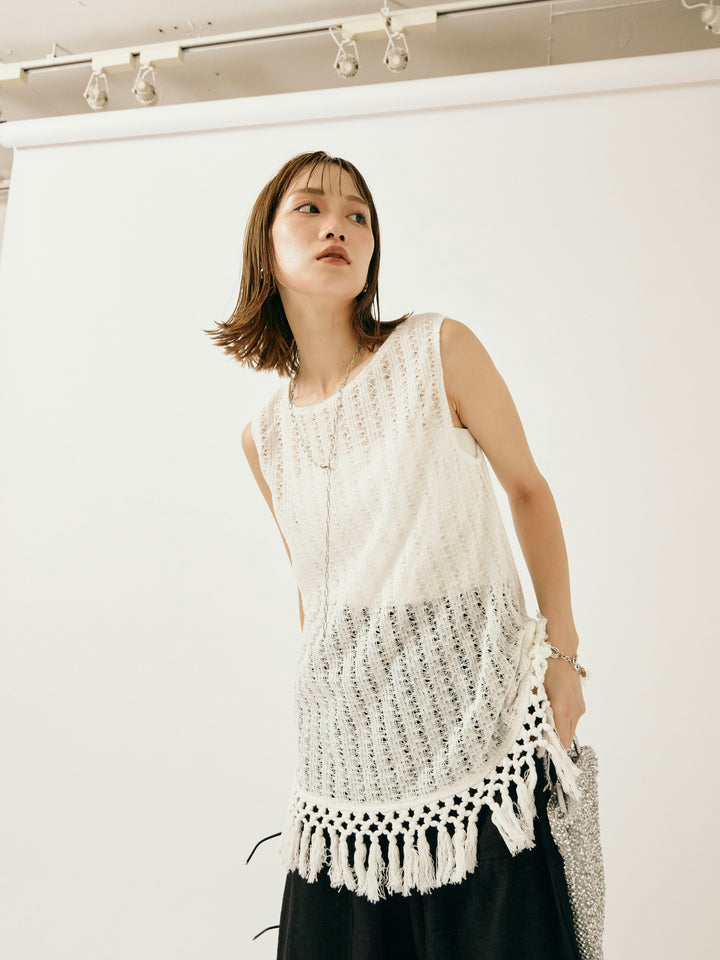 [予約]フリンジ透かし編みニットベスト/ホワイト