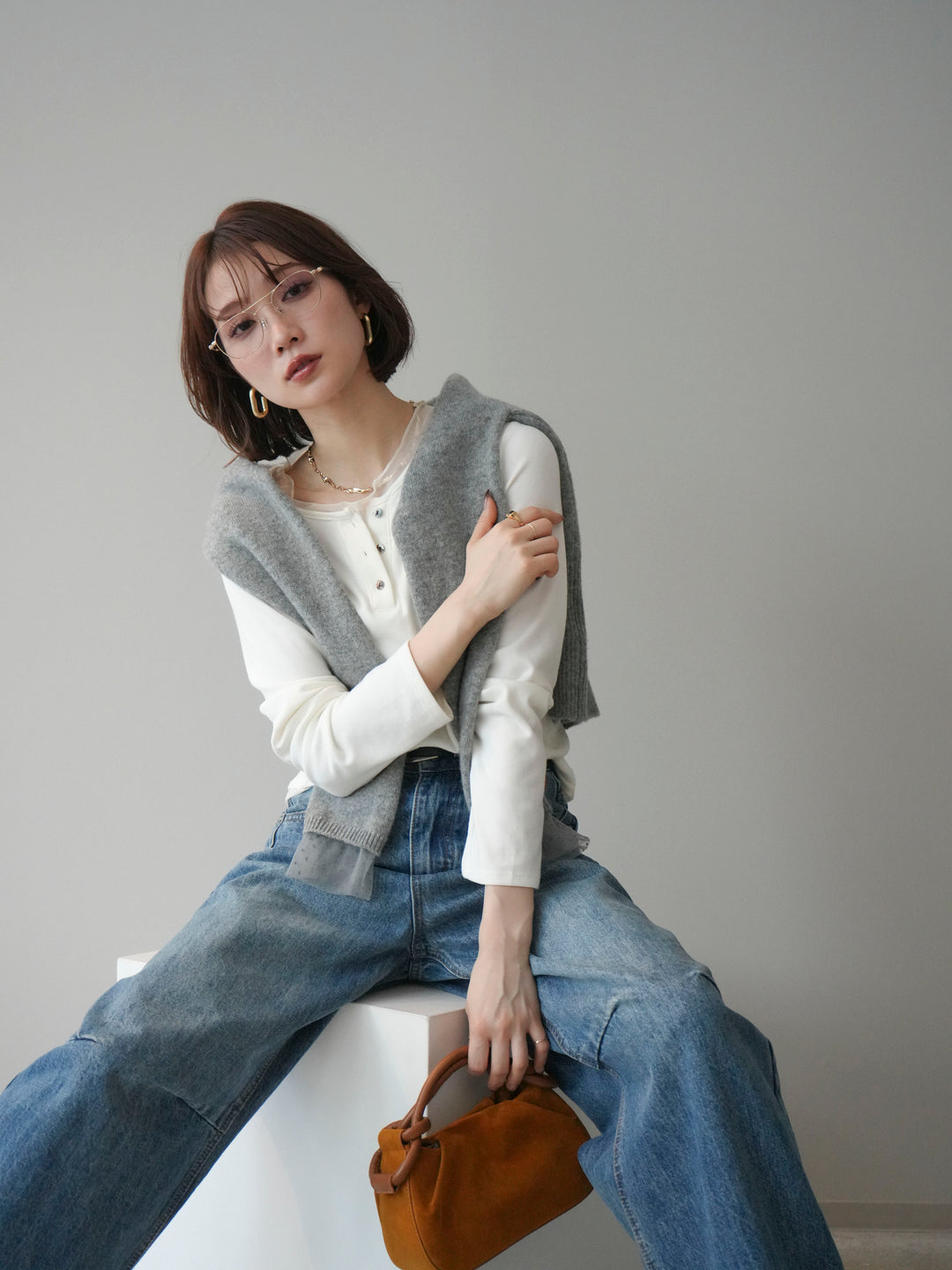 [予約]チュールレイヤードヘンリーネックカットソー/ivory