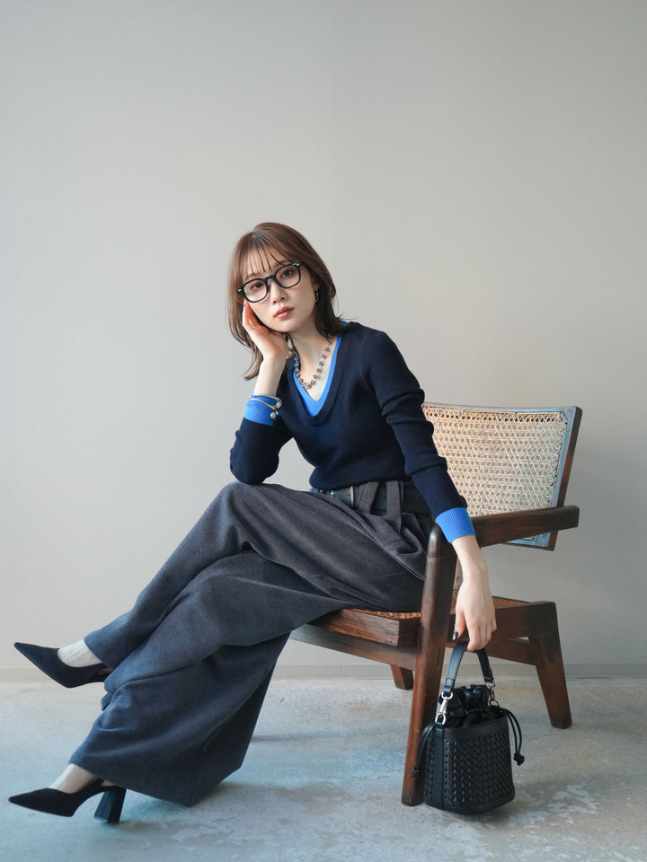 [SET]Uネック配色レイヤードリブニットトップス+選べるアクセセット(2set)