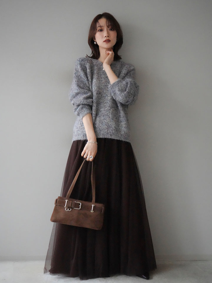 [SET]ロゴラベルミックスヤーンニットプルオーバー+チュールボリュームスカート(2set)