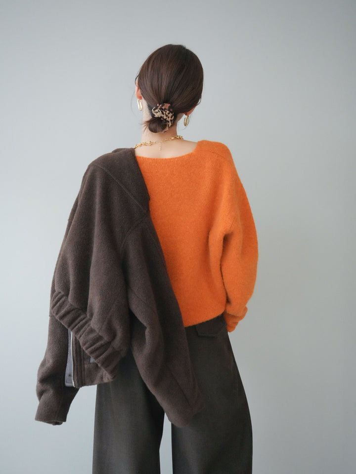 [SET]ウールライクフライトジャケット+シュシュ付きアンゴラタッチVネックニットプルオーバー+アニマル柄ベルト付きウールタッチワイドパンツ(3set)