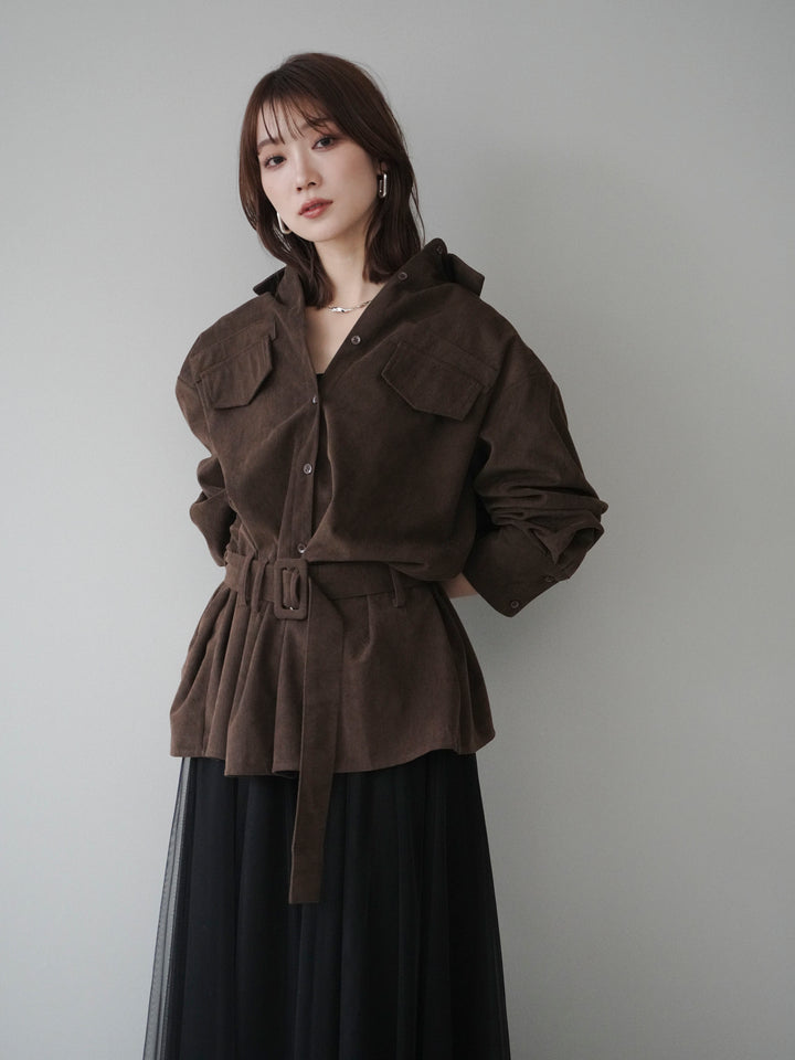 [予約]ベルト付コーデュロイシャツ/brown