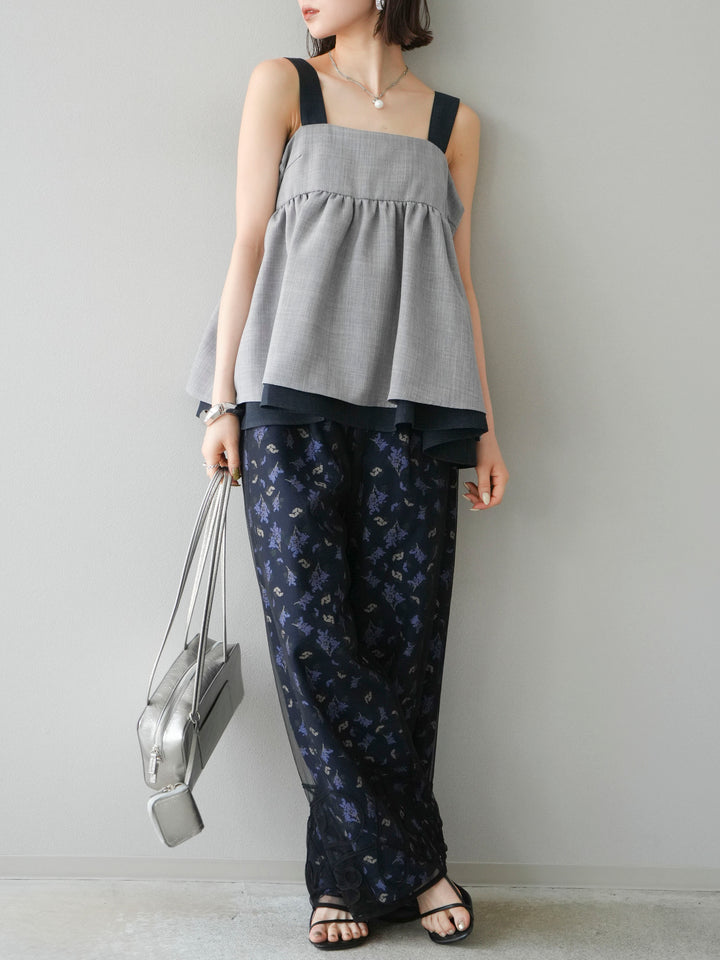 [SET]コード刺繍チュールレイヤードパンツ+ブーケプリントタックパンツ(2set)