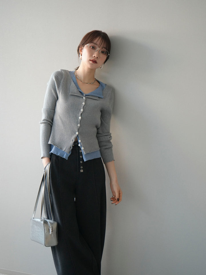 [予約]配色レイヤードリブニットカーディガン/gray