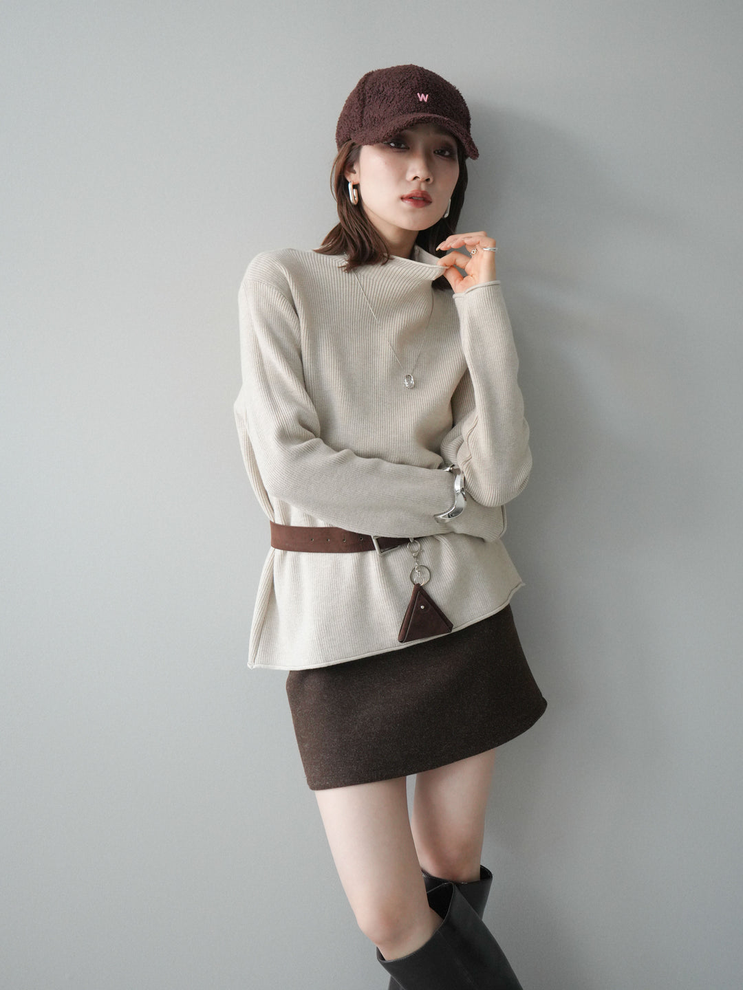 [SET]ボトルネック裾カールリブニットトップス+ボトルネック裾カールリブニットトップス(2set)