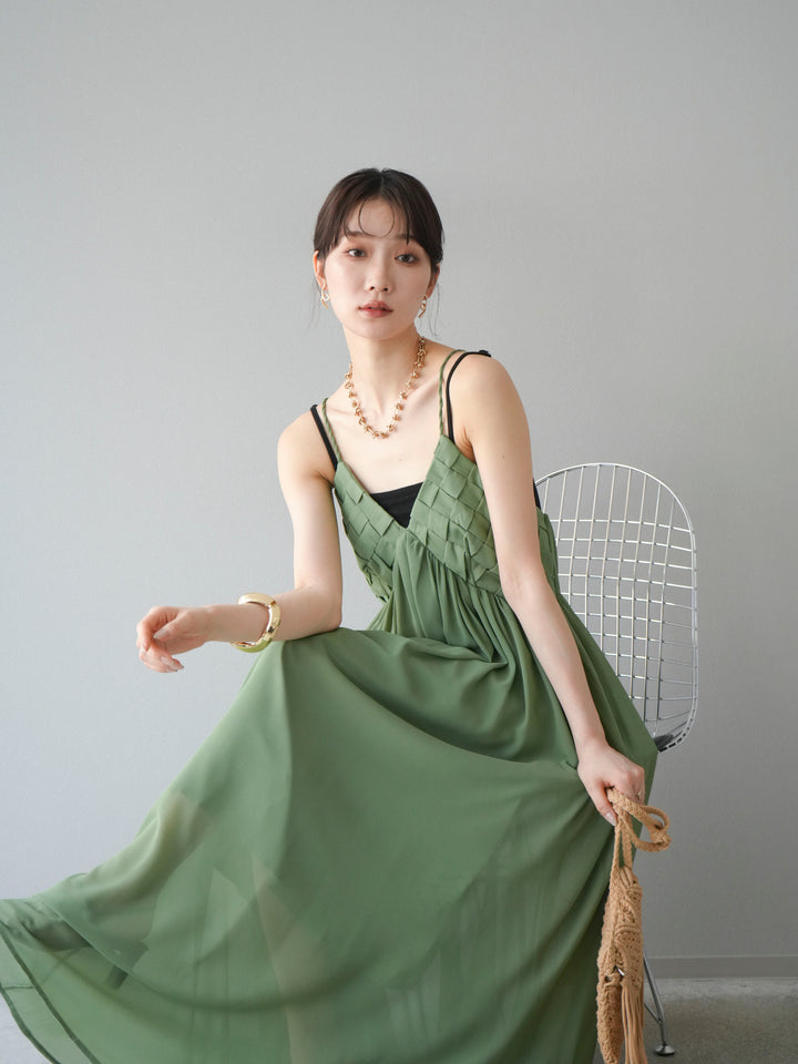 [SET]編み込みデザインシフォンワンピース+カップ付テレコリブベアキャミソール(2set)