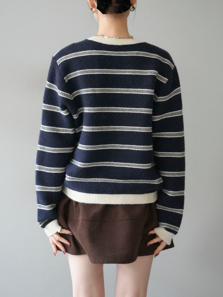 [予約]配色ボーダーニットカーディガン/navy