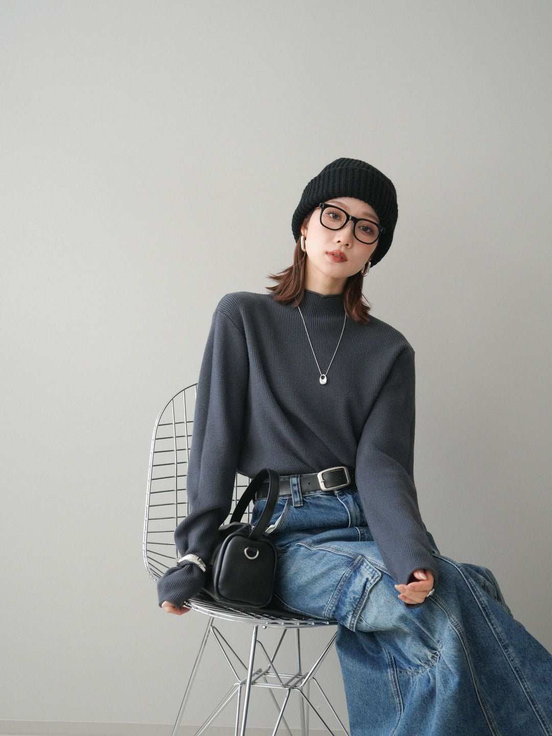 [SET]ボトルネック裾カールリブニットトップス+ボトルネック裾カールリブニットトップス(2set)